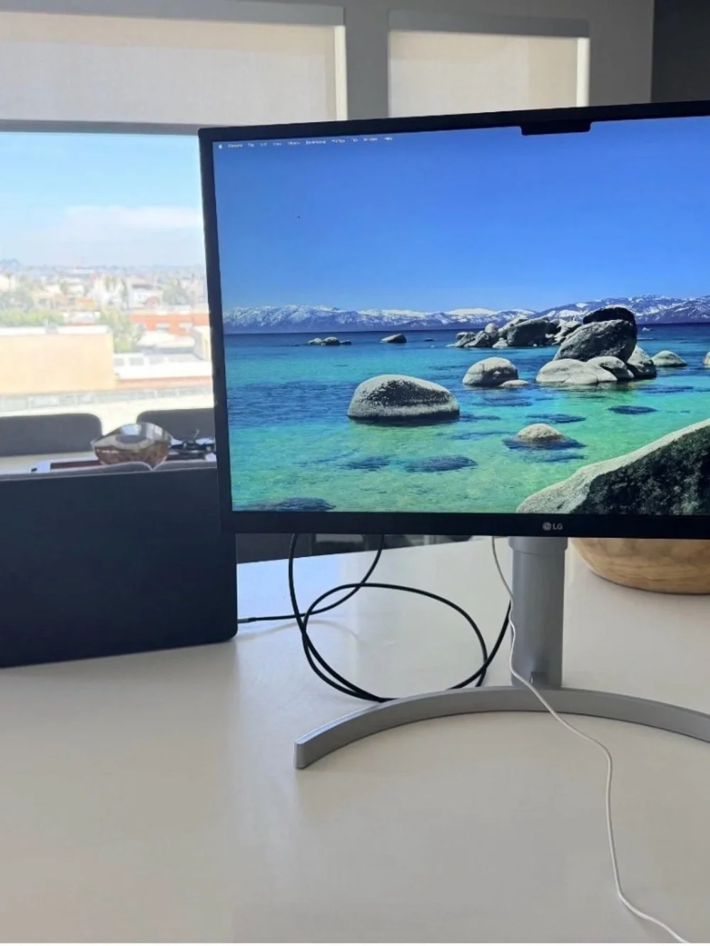 LG White Monitor with Silver Curved Stand